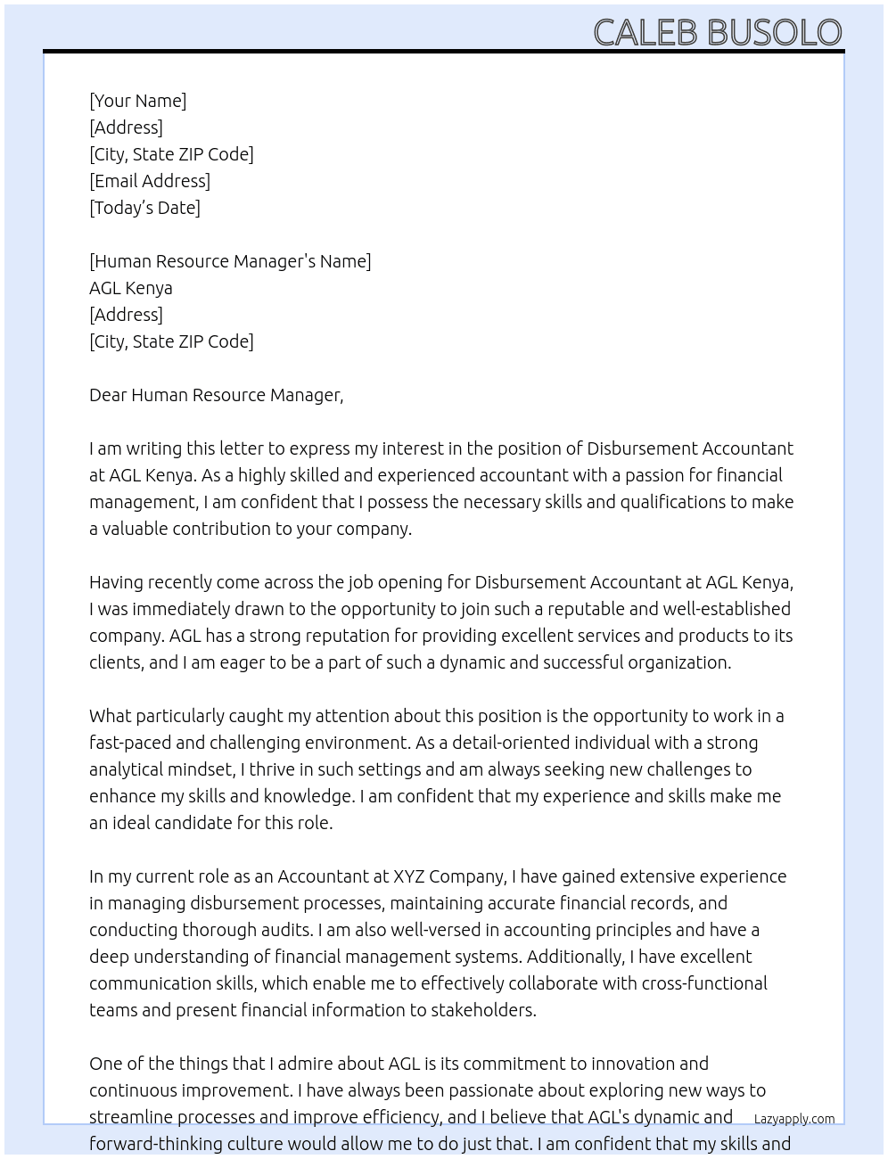 DISBURSEMENT ACCOUNTANT At AGL Kenya Cover Letter