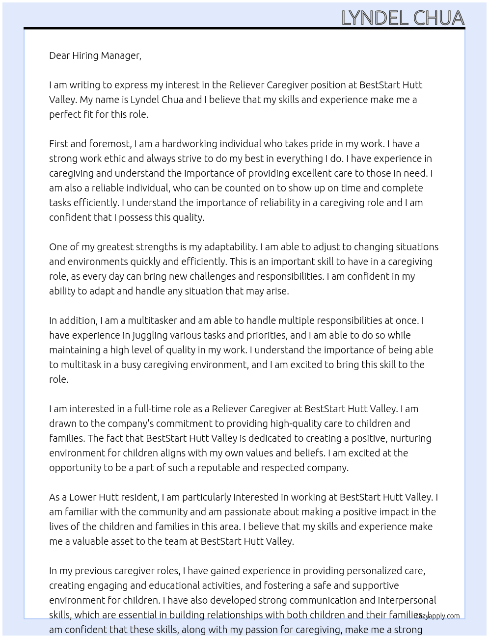 Reliever Caregiver At BestStart Hutt Valley Cover Letter