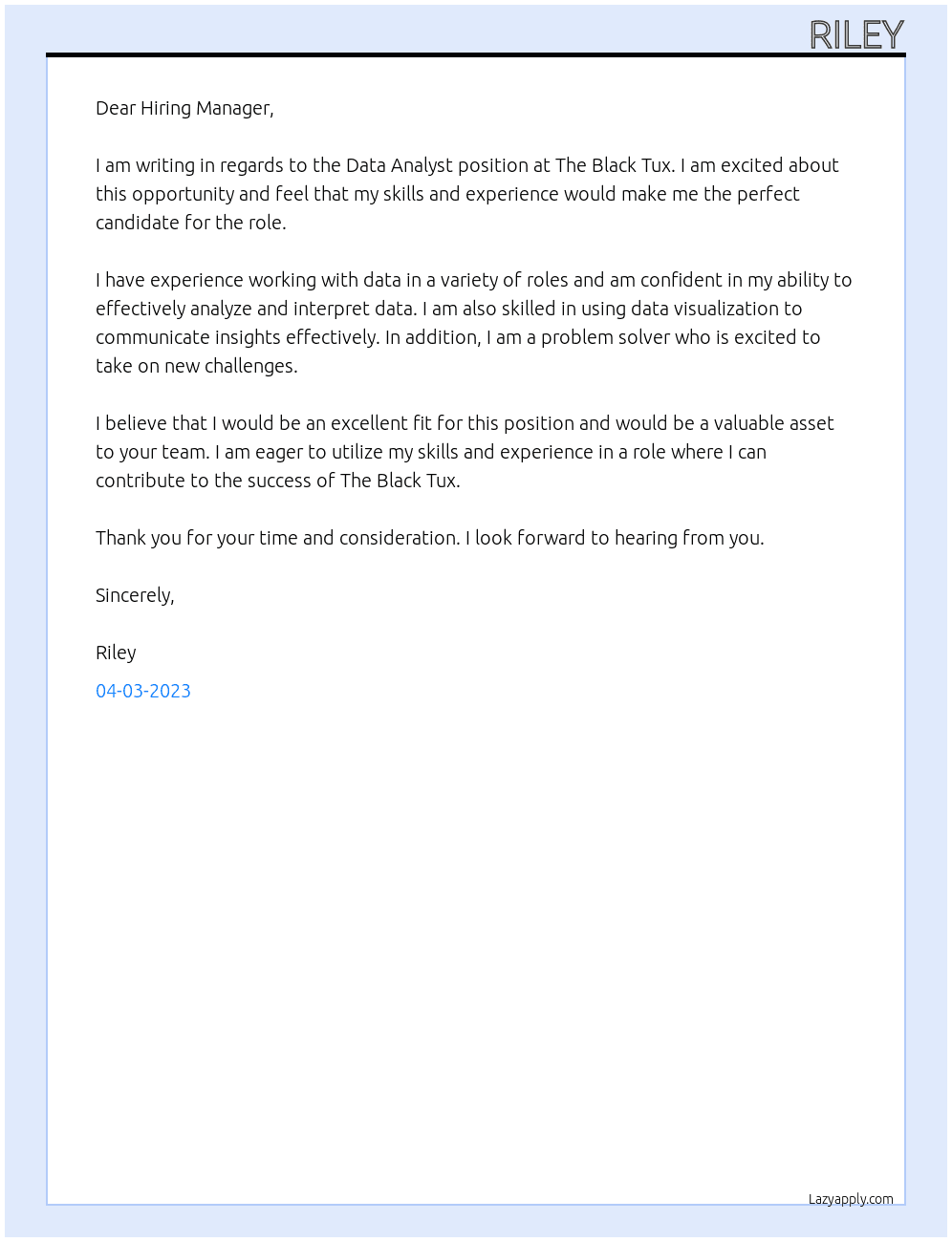 Data Analyst At The Black Tux Cover Letter