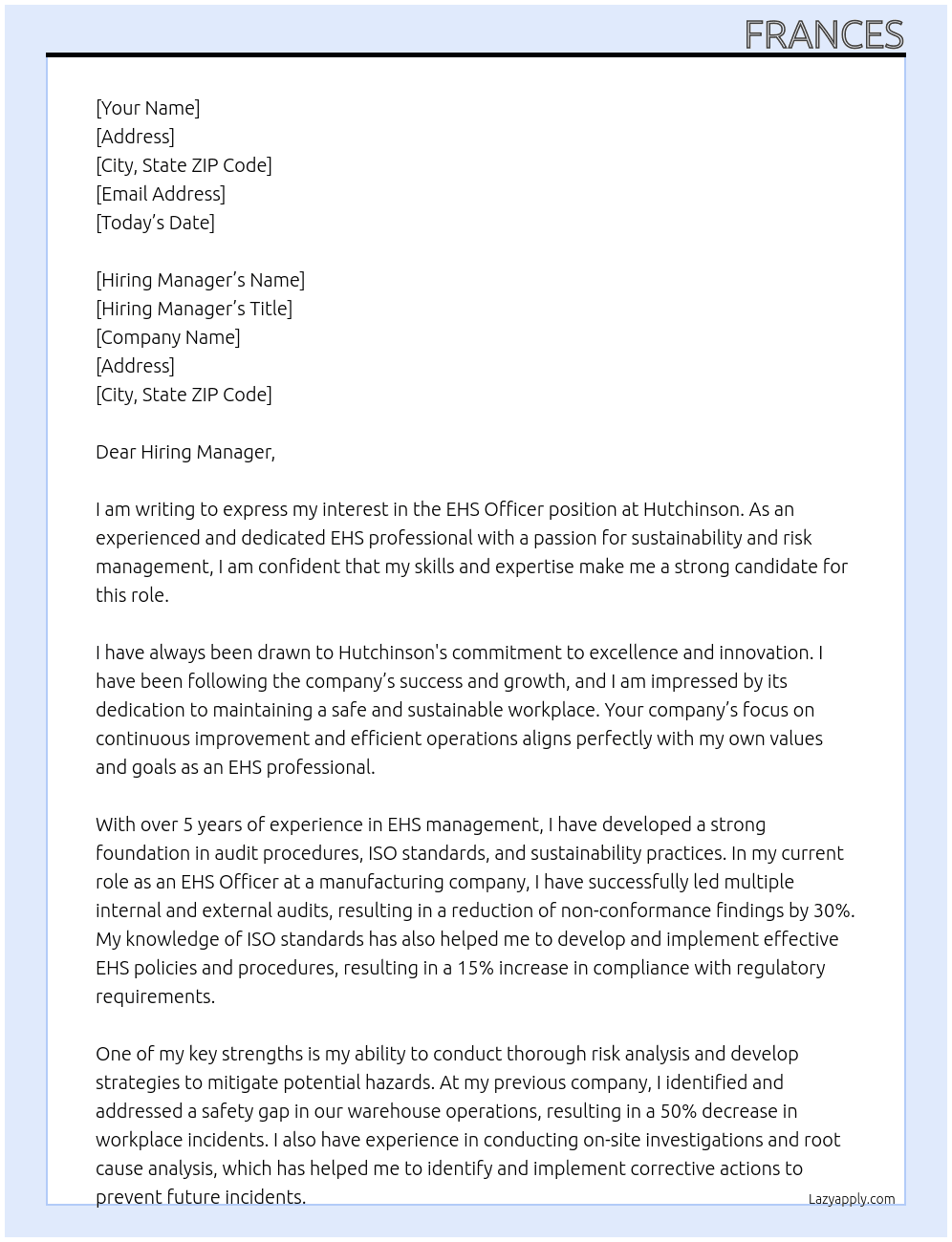 EHS Officer At Hutchinson Cover Letter
