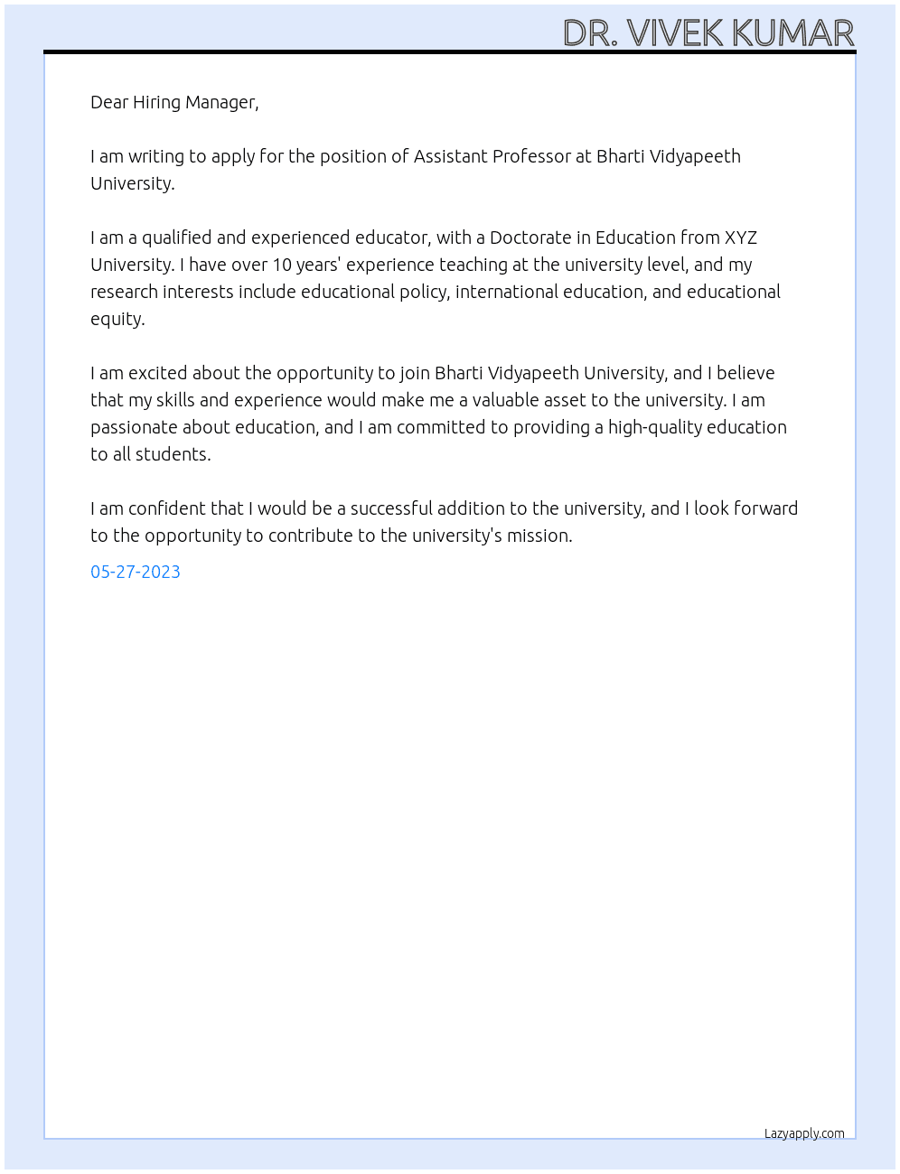 assitant professor At Bharti vidyapeeth university Cover Letter