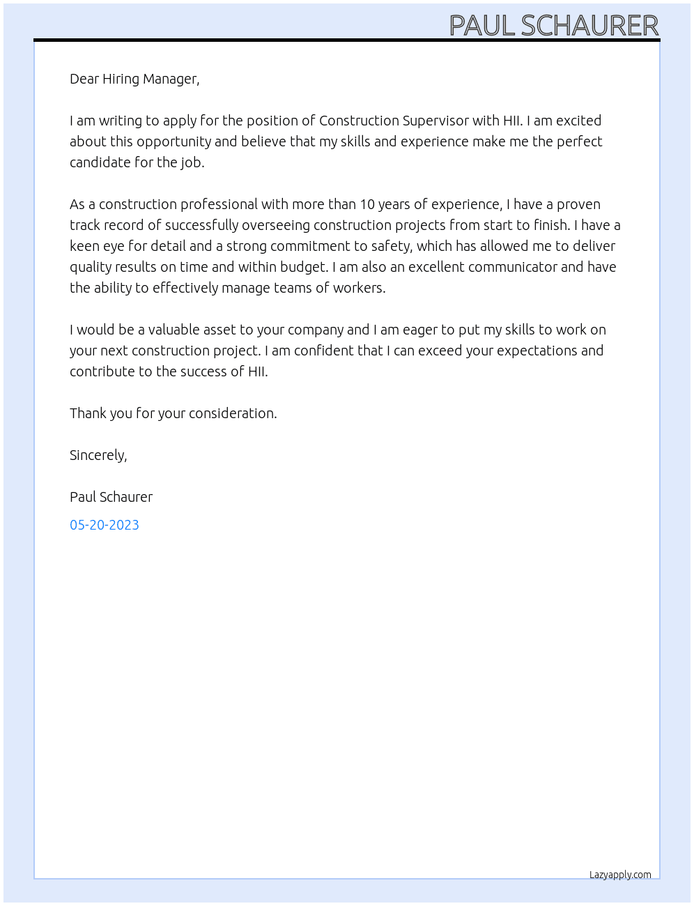 Construction Supervisor  At HII Cover Letter