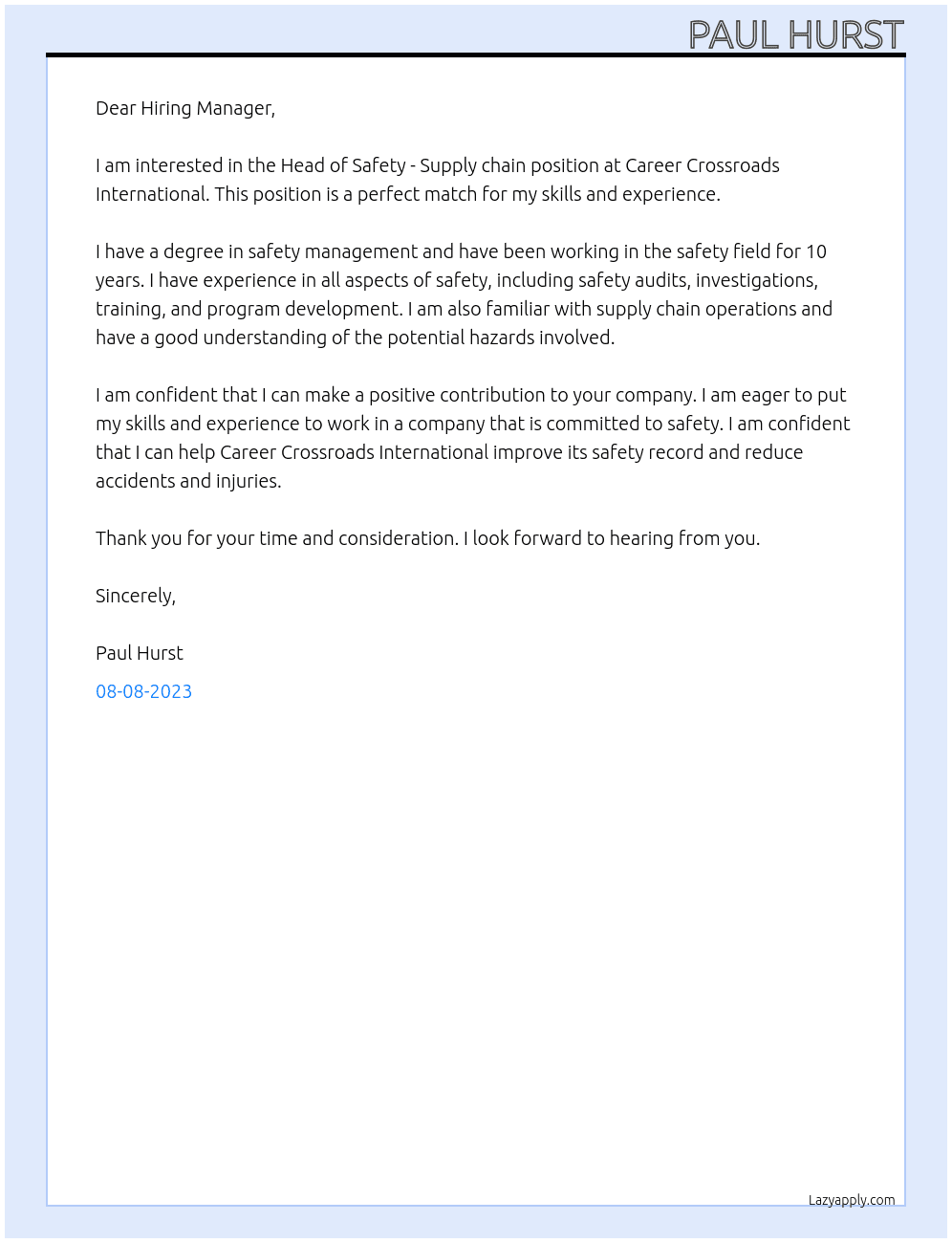 Head of Safety - Supply chain At Career Crossroads International Cover Letter