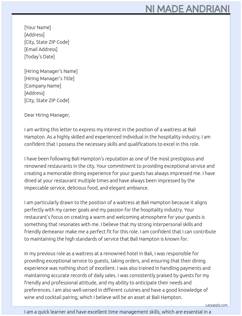 waitress At Bali Hampton Cover Letter