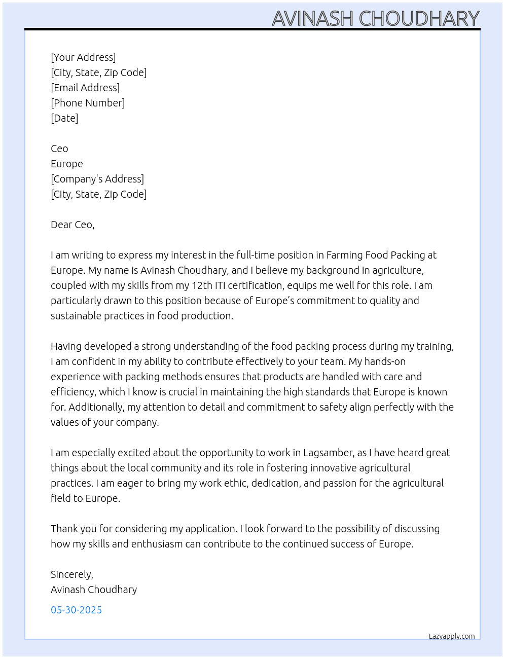 Farming food packing  At Europe  Cover Letter