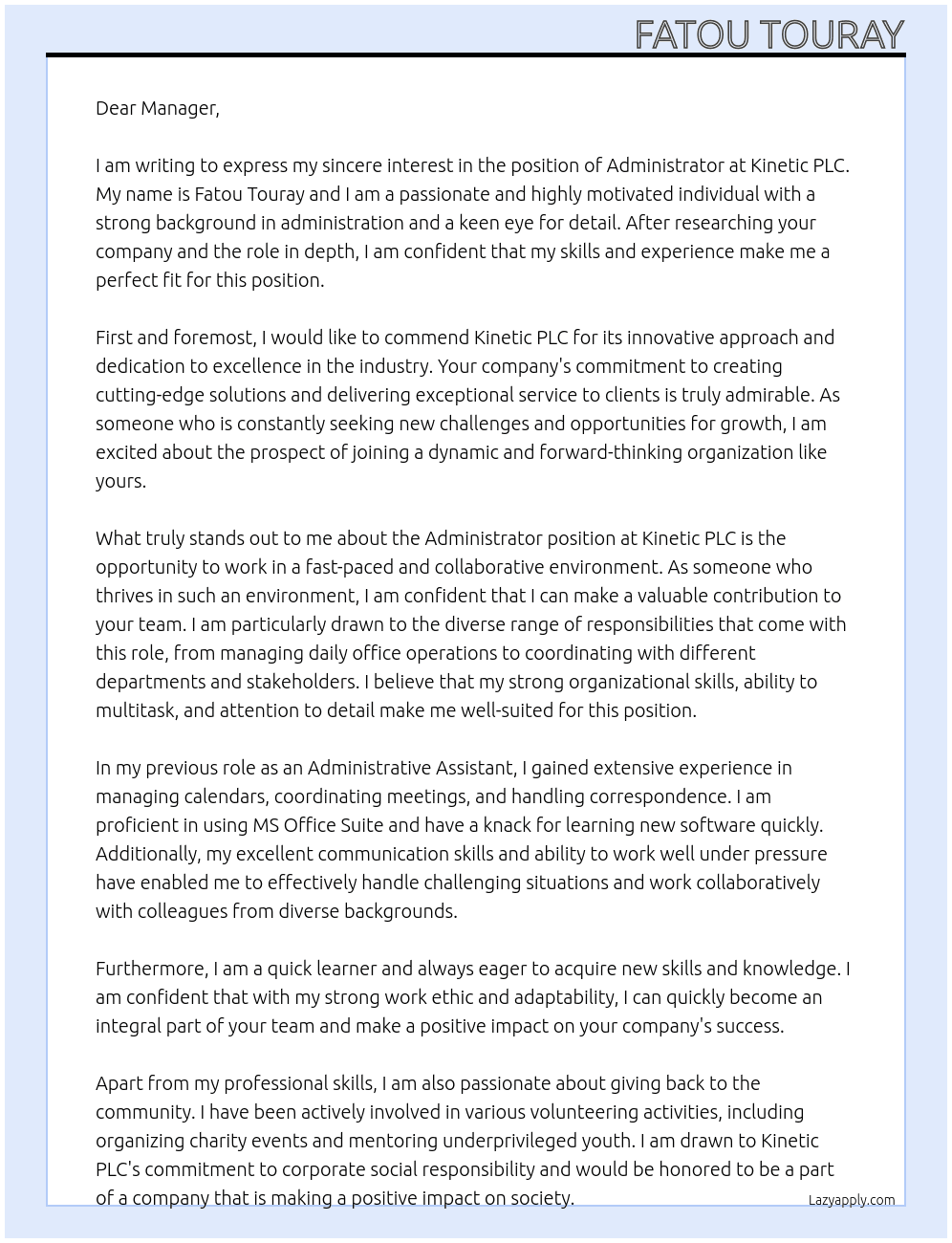 Administrator At Kinetic PLC Cover Letter