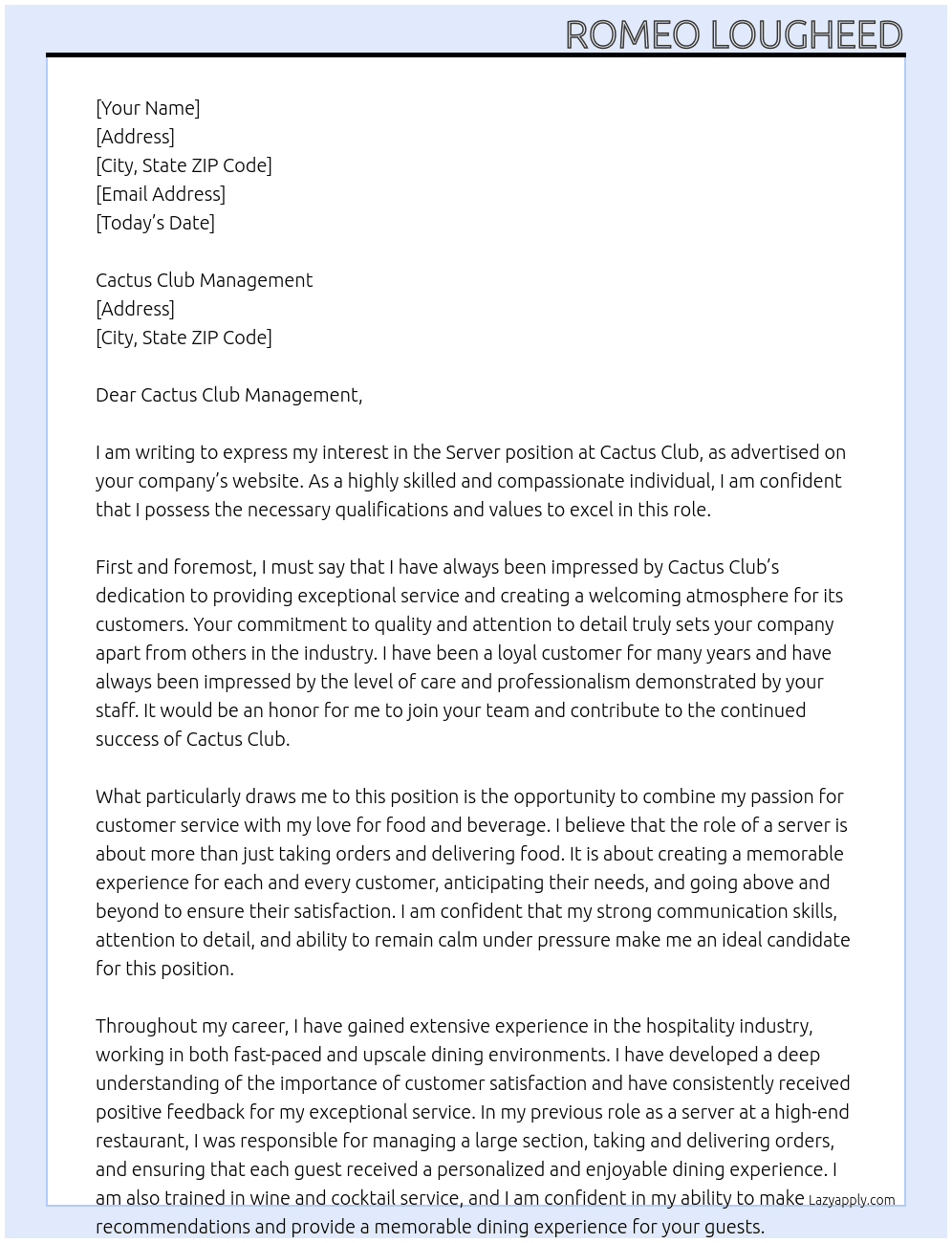 Server At Cactus Club Cover Letter