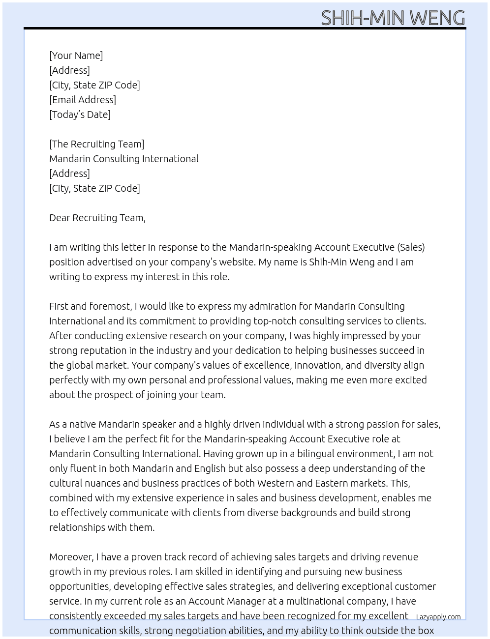 Mandarin-speaking Account Executive(Sales) At Mandarin Consulting International Cover Letter