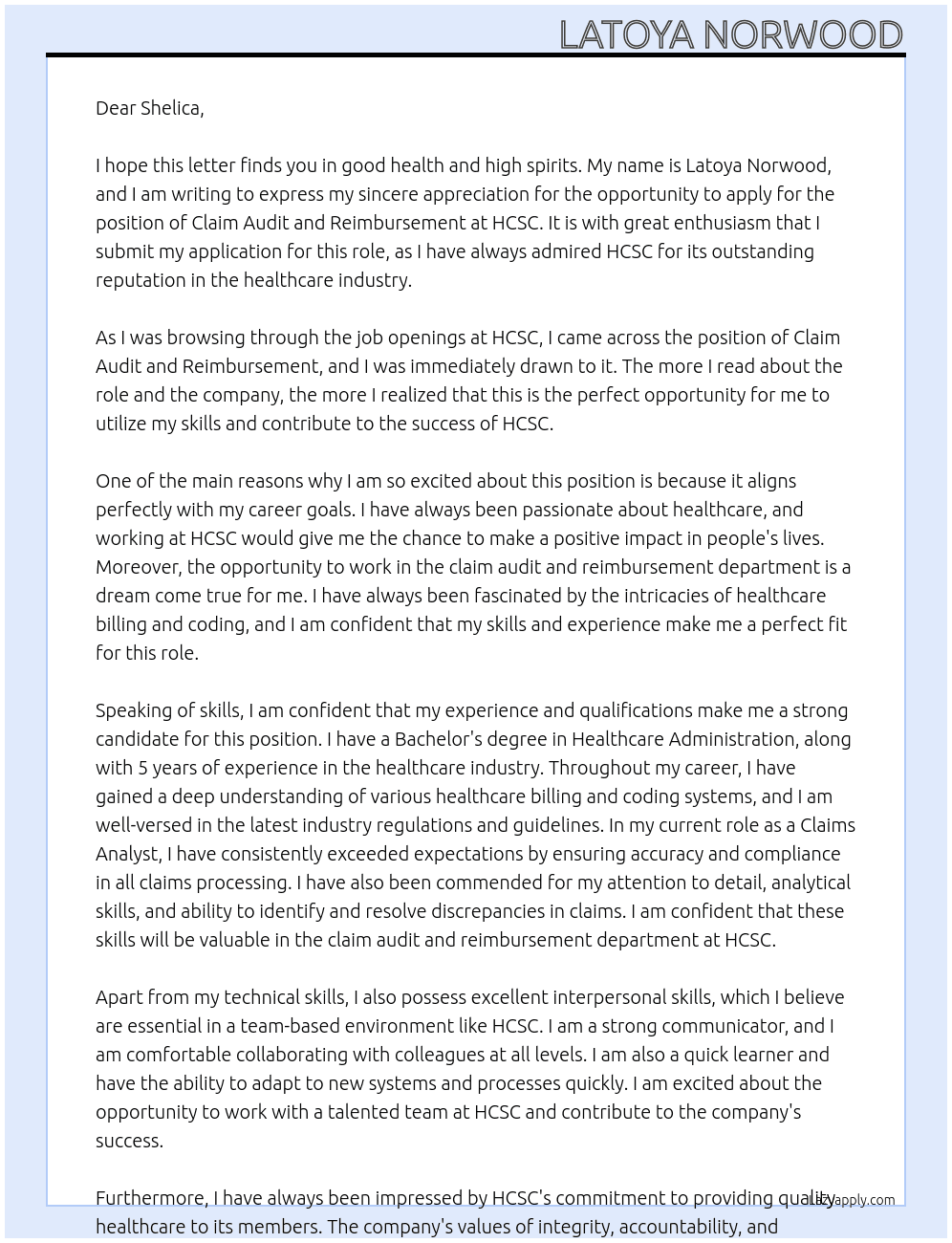 claim audit and reimbursement At HCSC Cover Letter