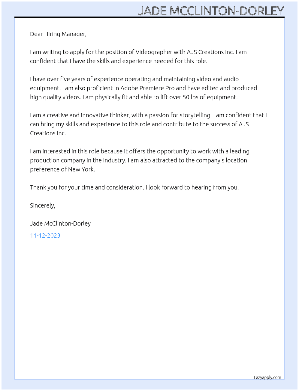 Videographer  At AJS Creations Inc Cover Letter