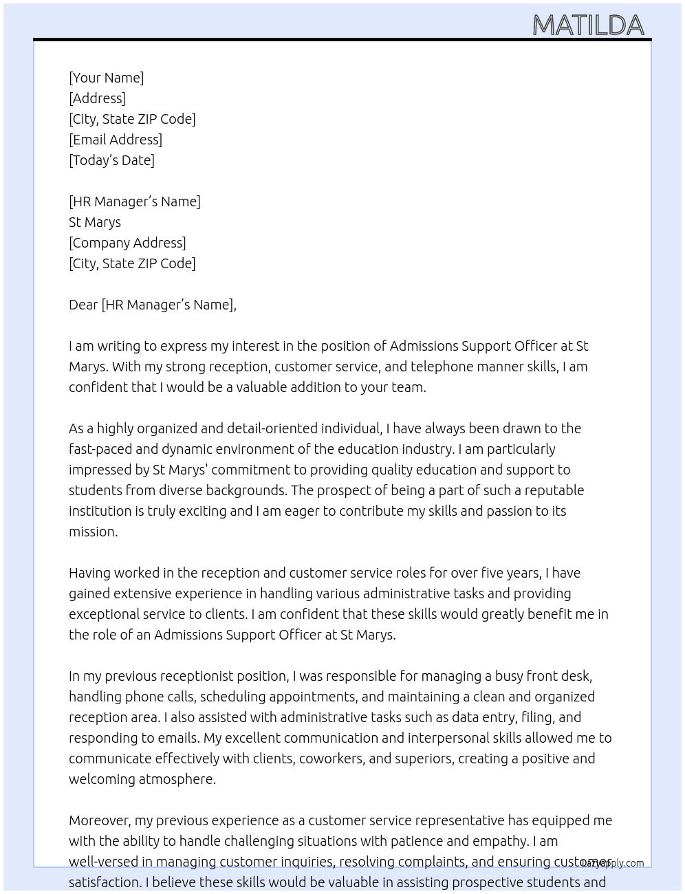 Admissions support officer  At St marys  Cover Letter