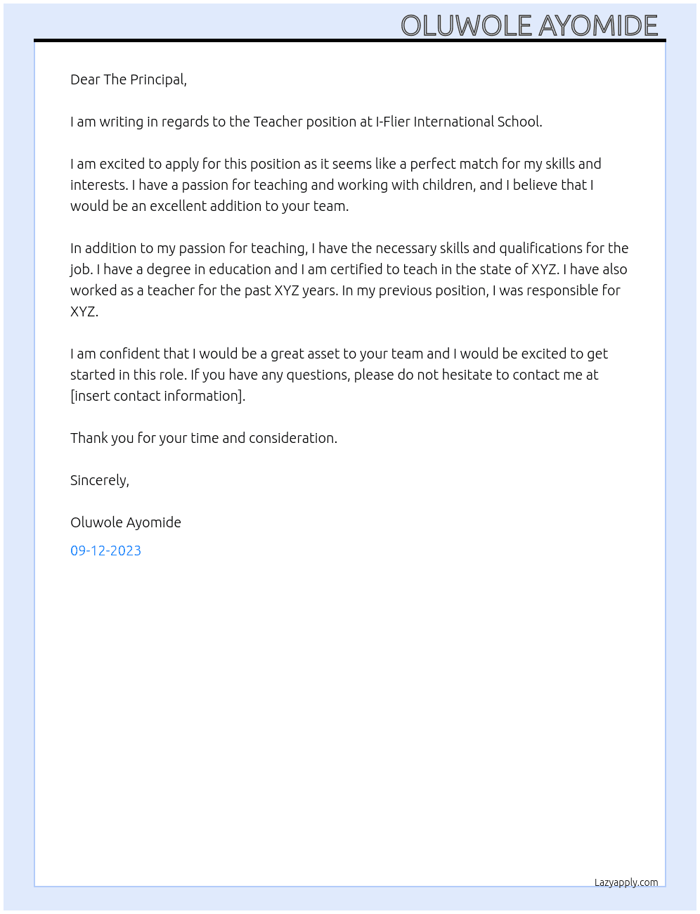 Teacher At I-Flier International School  Cover Letter