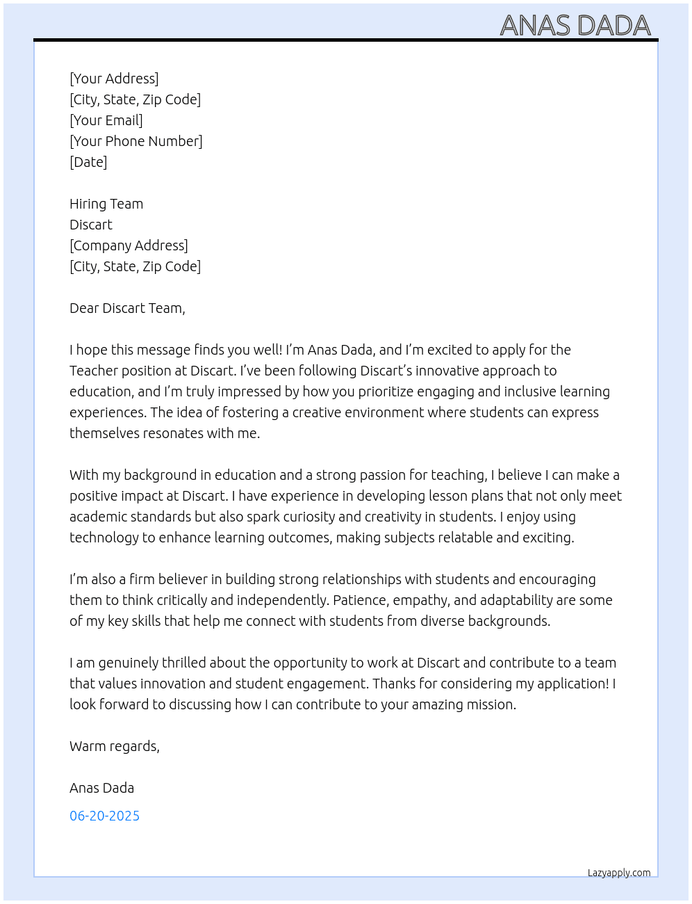 Teacher  At Discart  Cover Letter
