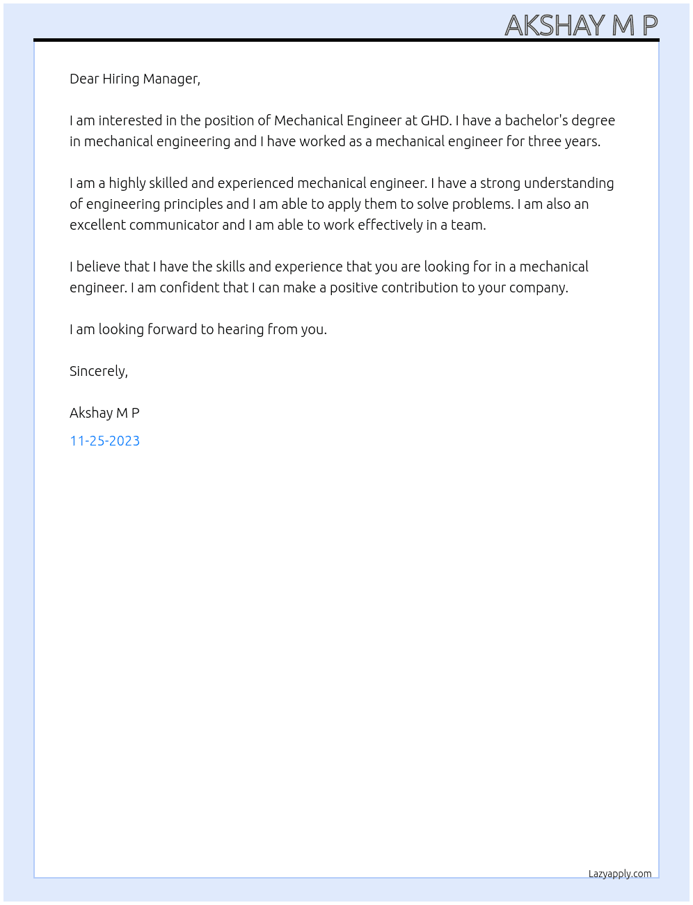 Mechanical Engineer At GHD, Nowra, New South Wales, Australia Cover Letter