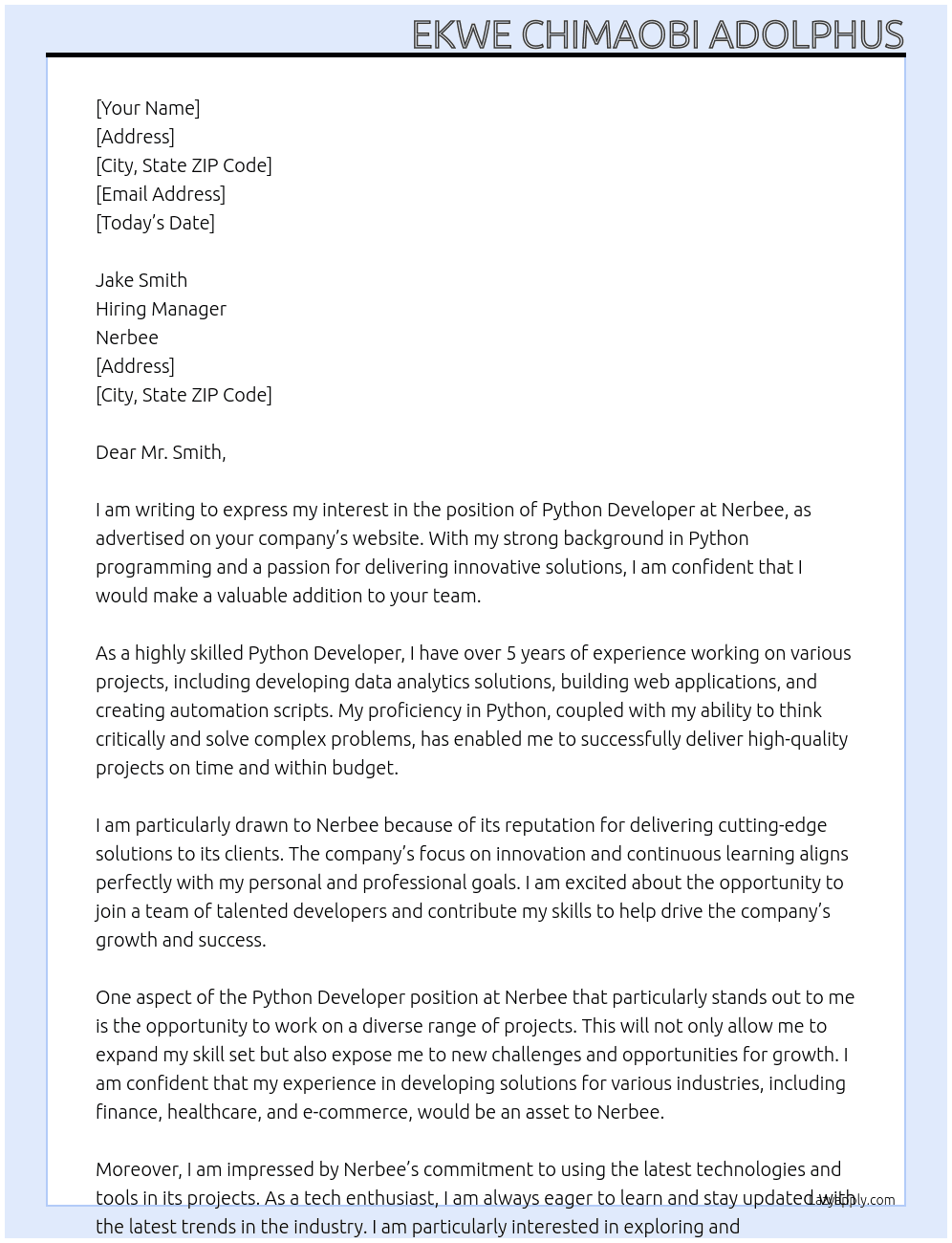 python developer  At Nerbee Cover Letter