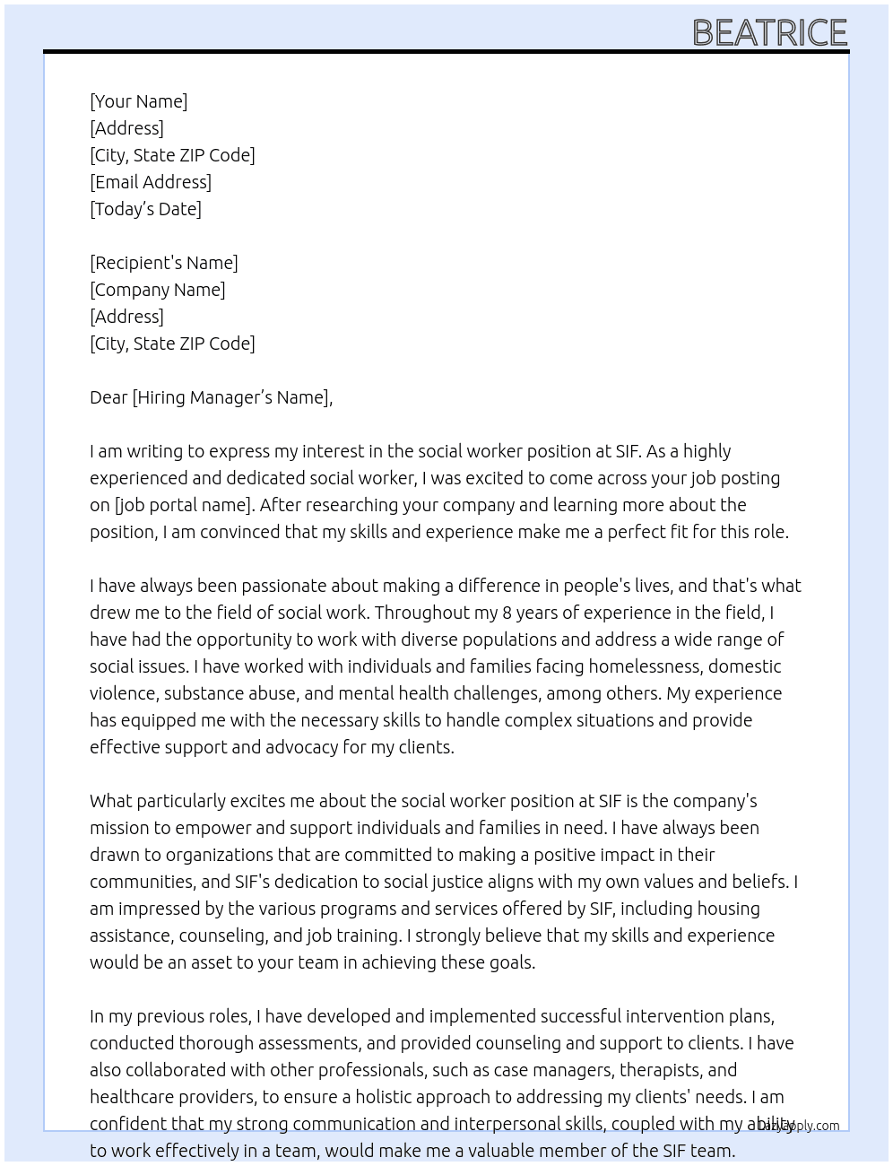 social worker At SIF Cover Letter