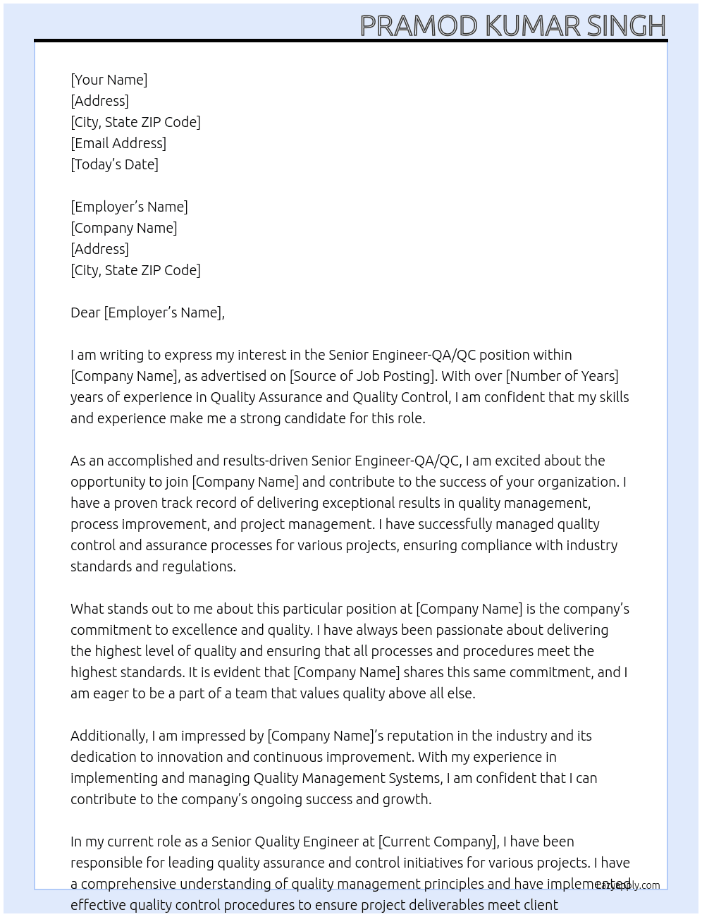 Cover letter for senior engineer-qa/qc - LazyApply