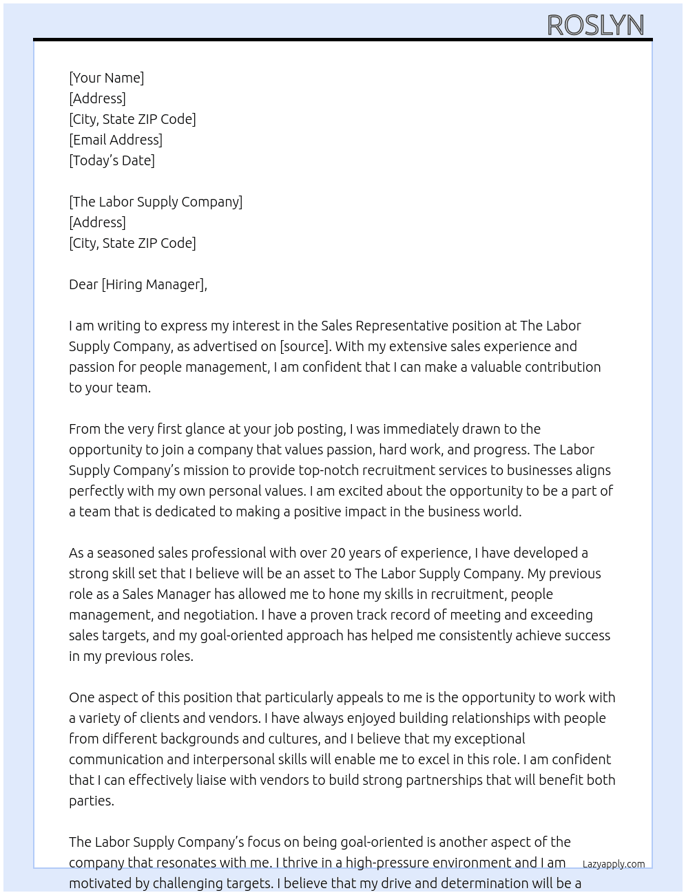 Sales representative  At The Labor Supply Company  Cover Letter
