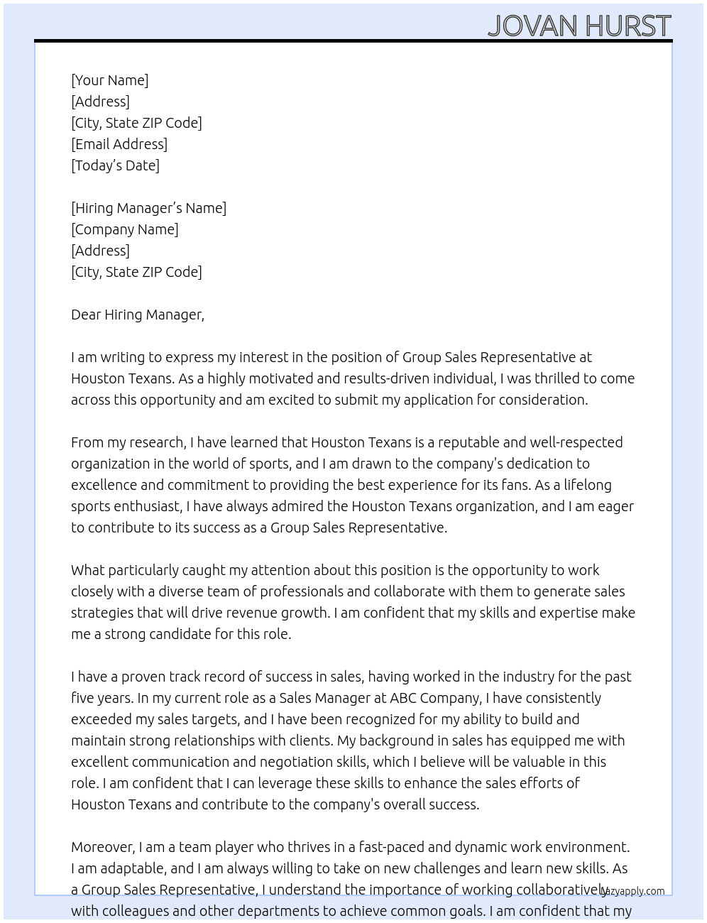 Group Sales representative  At Houston Texans  Cover Letter