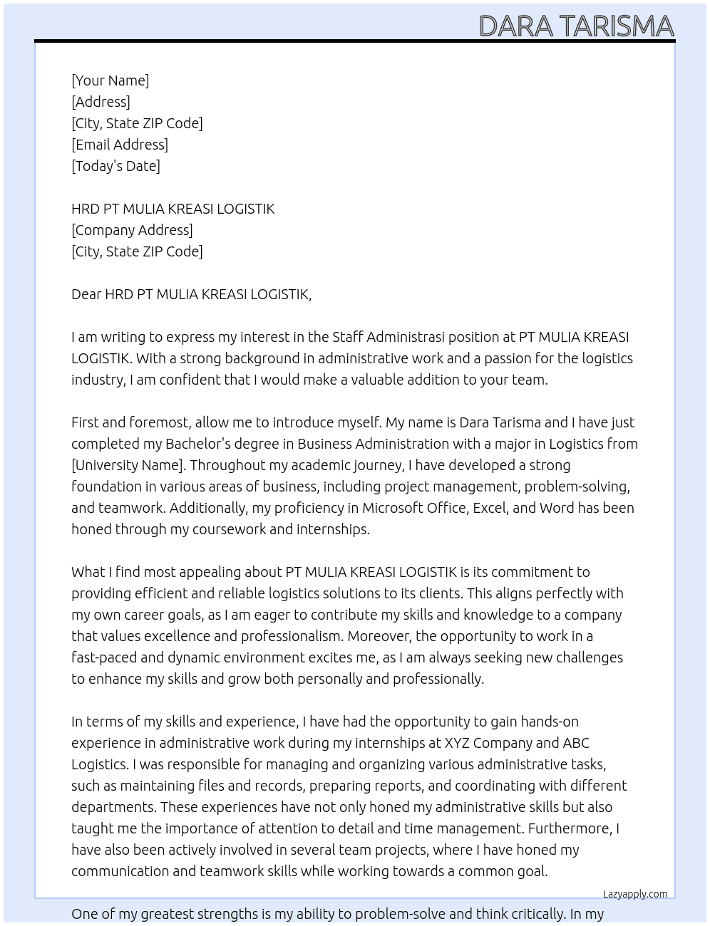 STAFF ADMINISTRASI At PT MULIA KREASI LOGISTIK Cover Letter