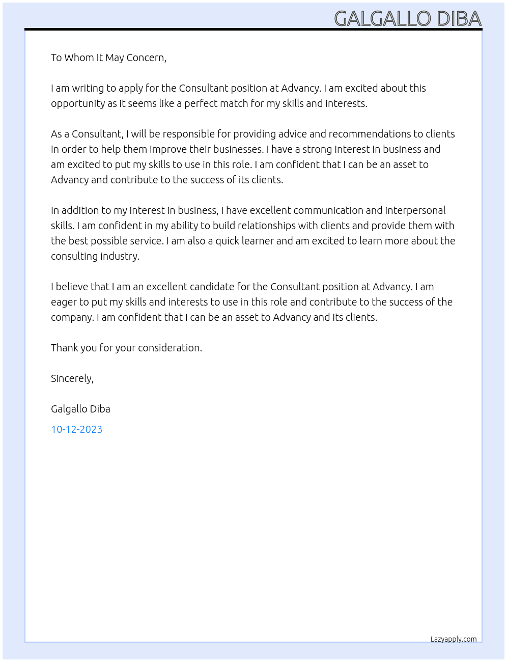 Consultant At Advancy Cover Letter