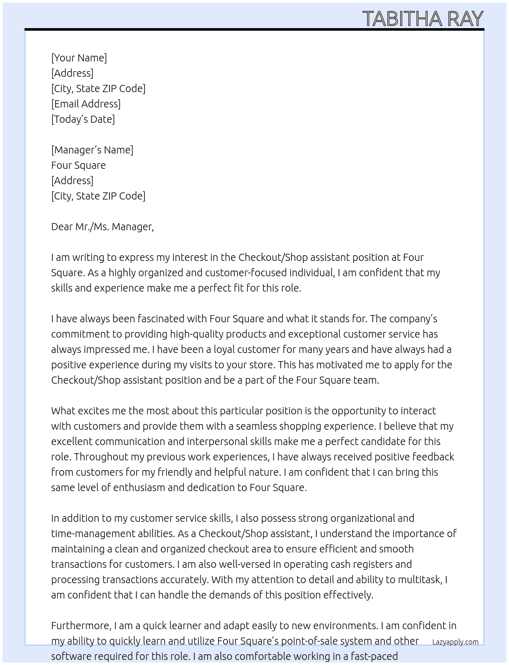 Checkout/Shop assistant At Four Square Cover Letter