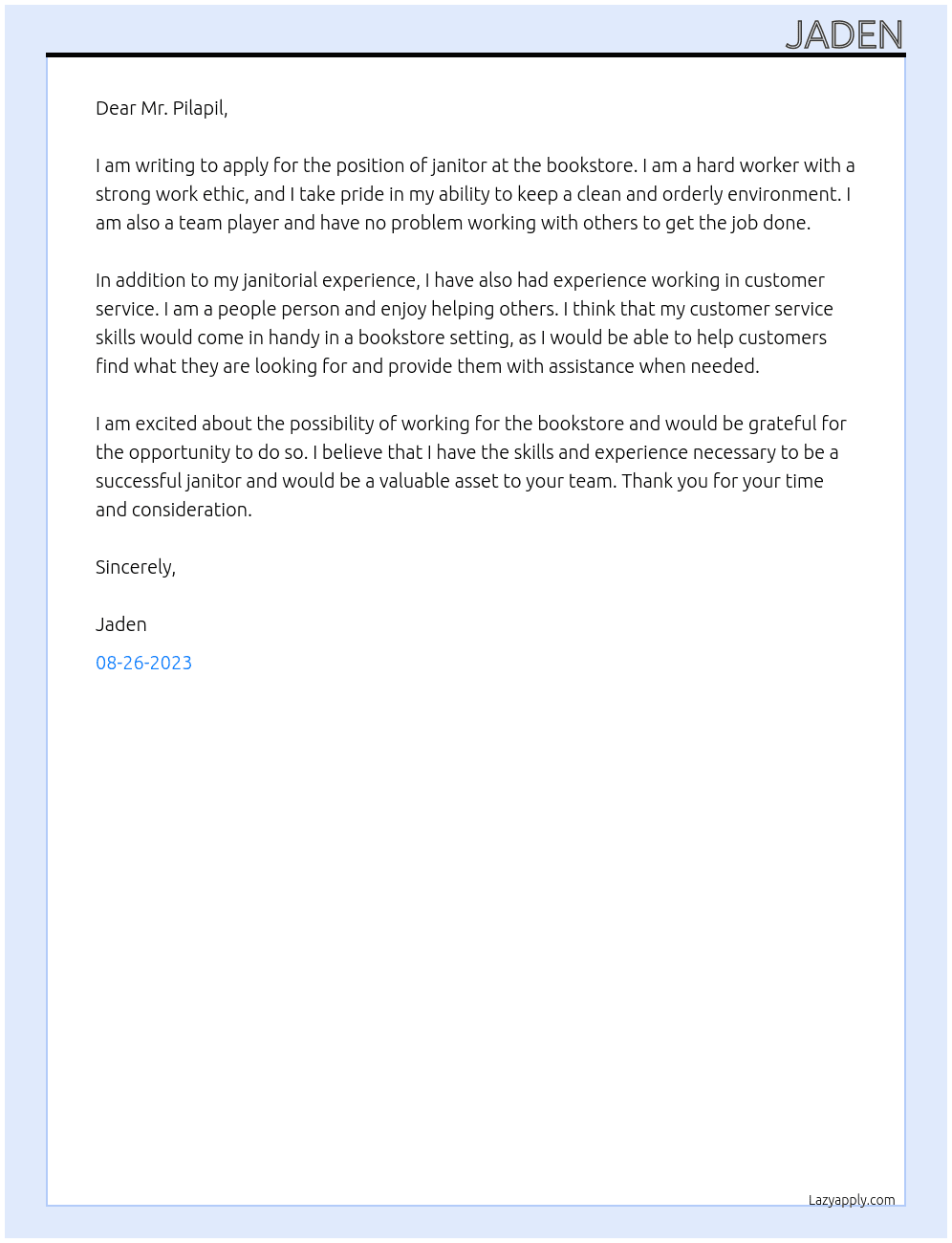janitor At bookstore Cover Letter
