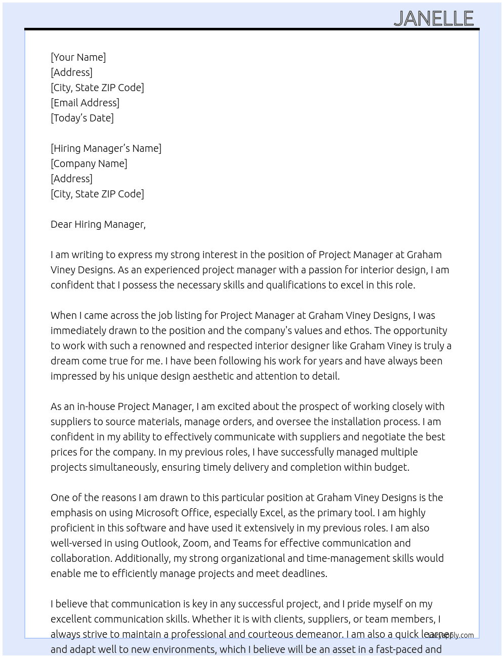 Project Manager  At Graham Viney Designs Cover Letter