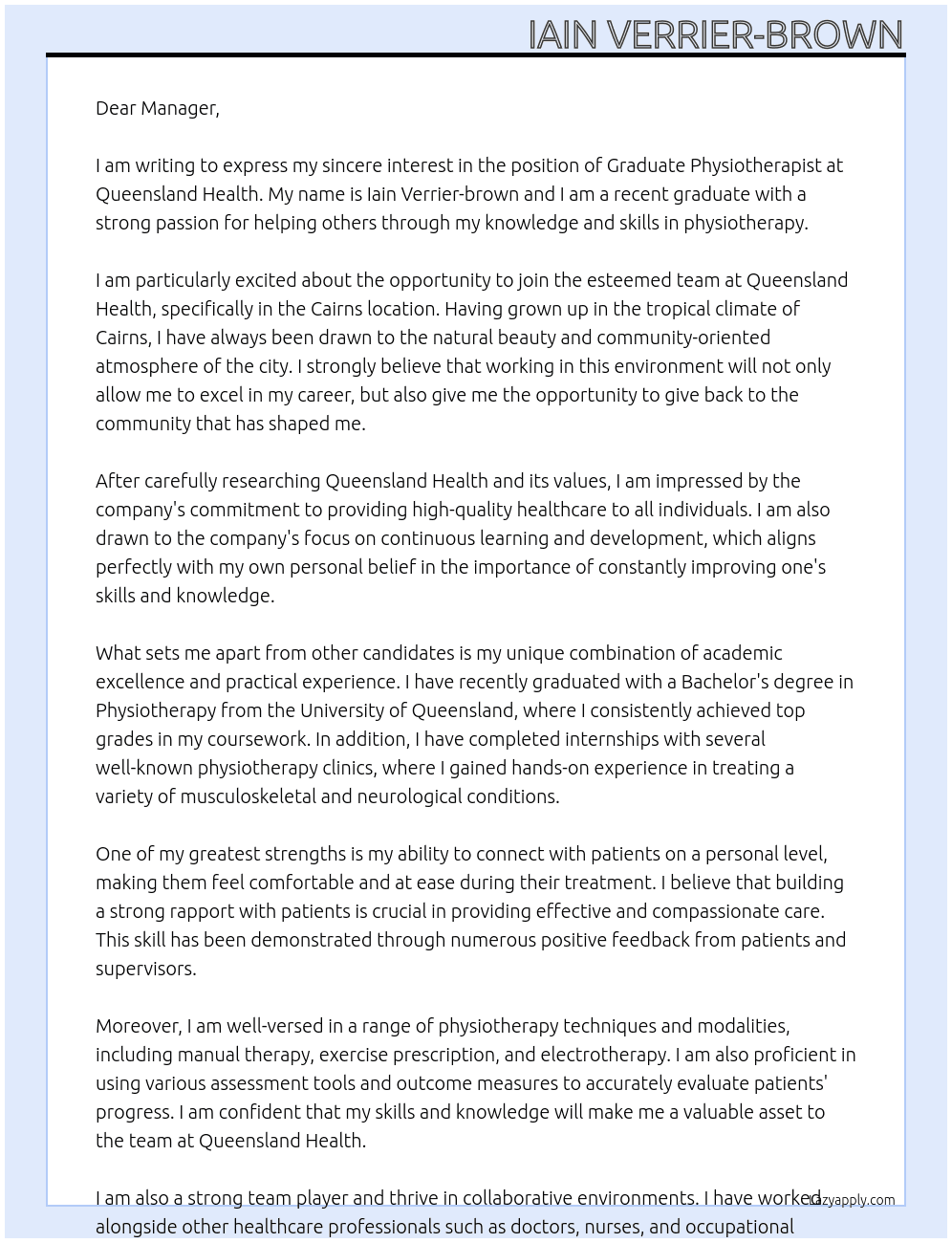 Graduate Physiotherapist At Queensland ealth Cover Letter