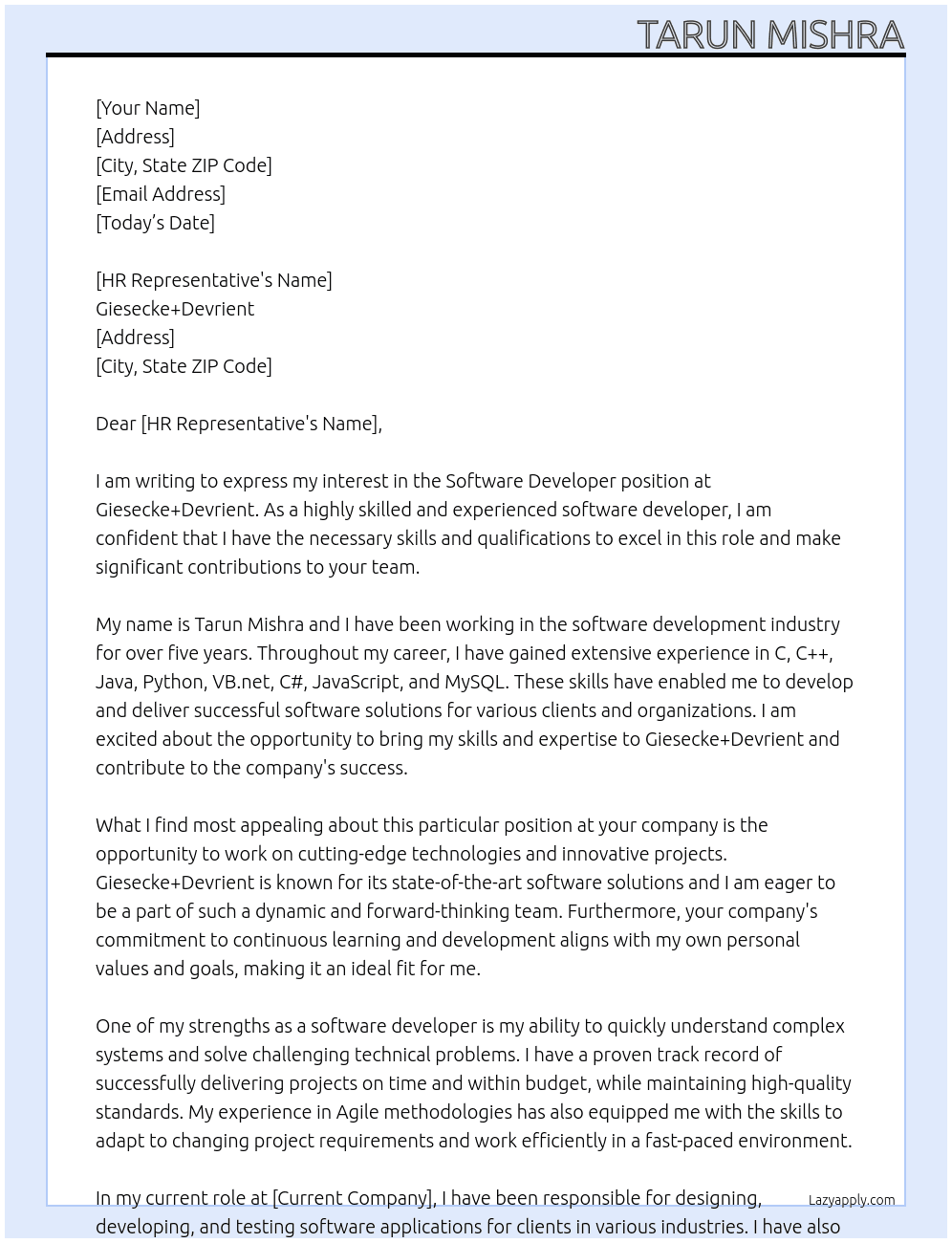 Software Developer At Giesecke+Devrient Cover Letter