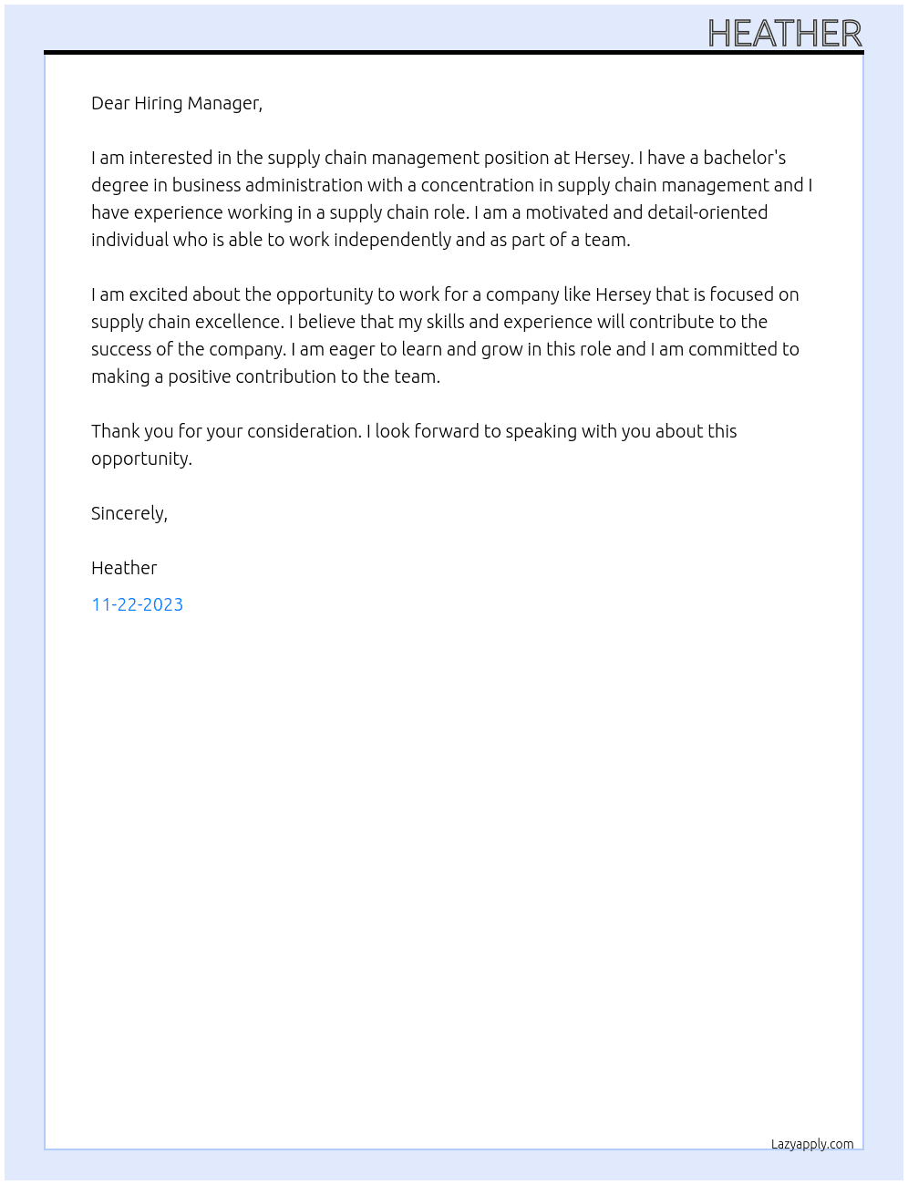 supply chain management At Hersey Cover Letter