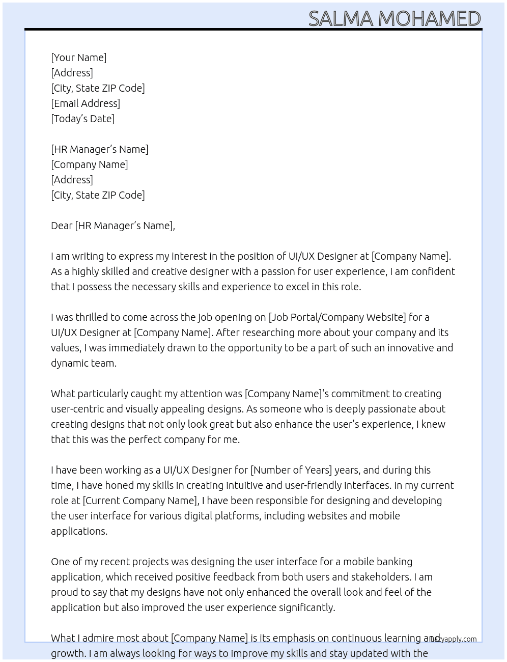 UI/UX Designer At hha Cover Letter