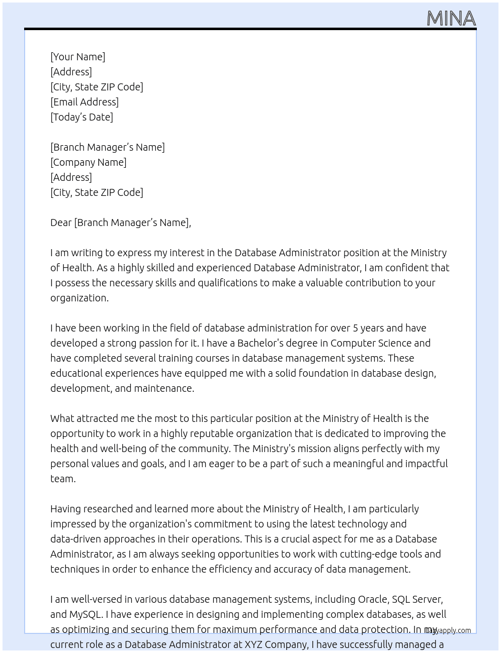 Database Administrator At Ministry of Healh Cover Letter