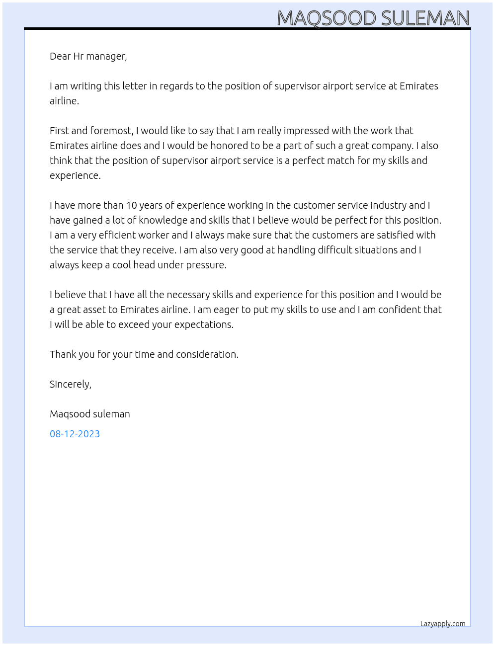 Supervisor airport service  At Emirates airline  Cover Letter