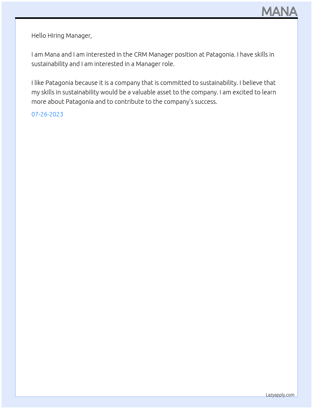 CRM Manager At Patagonia Cover Letter