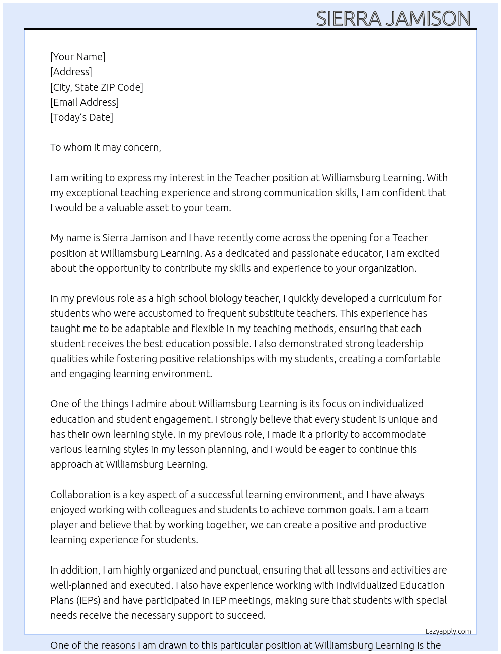 Teacher  At Williamsburg Learning Cover Letter