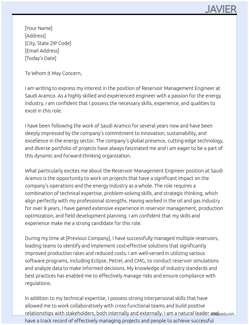 Cover letter for reservoir management engineer - LazyApply