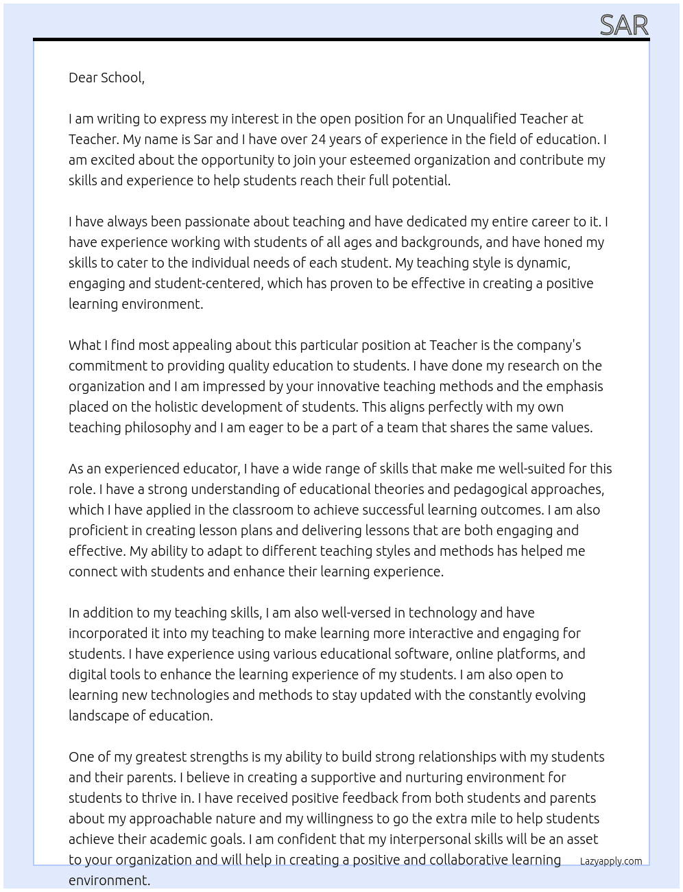 Unqualified teacher At Teacher Cover Letter