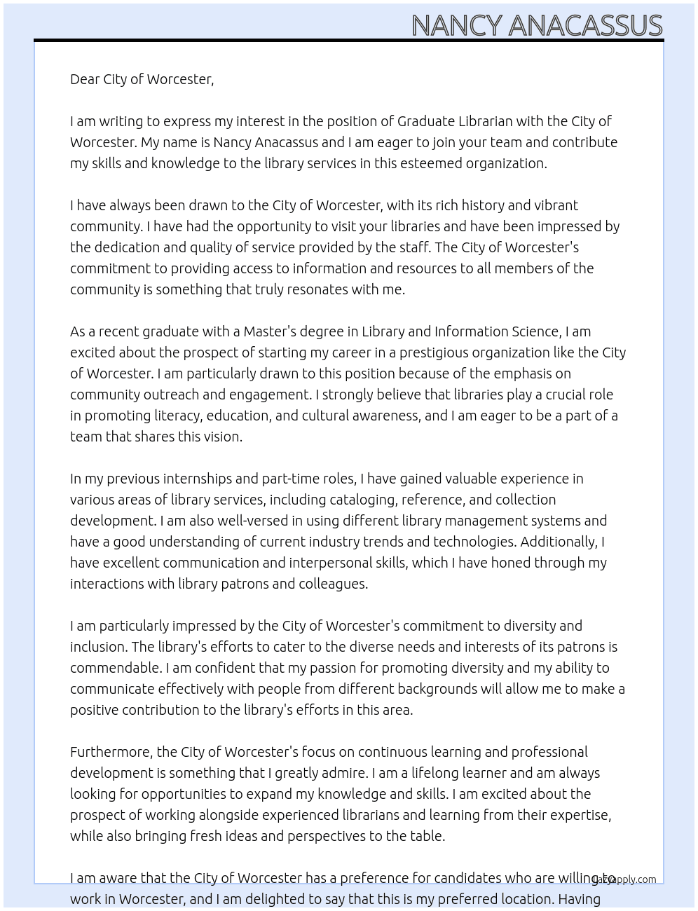 Graduate librarian At City of Worcester Cover Letter