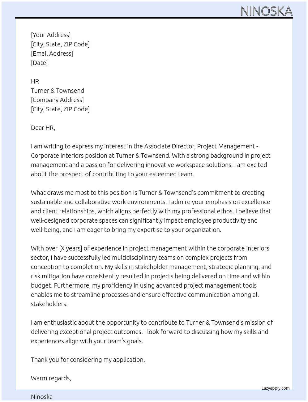 Associate Director, Project Management- Corporate Interiors At Turner & Townsend Cover Letter