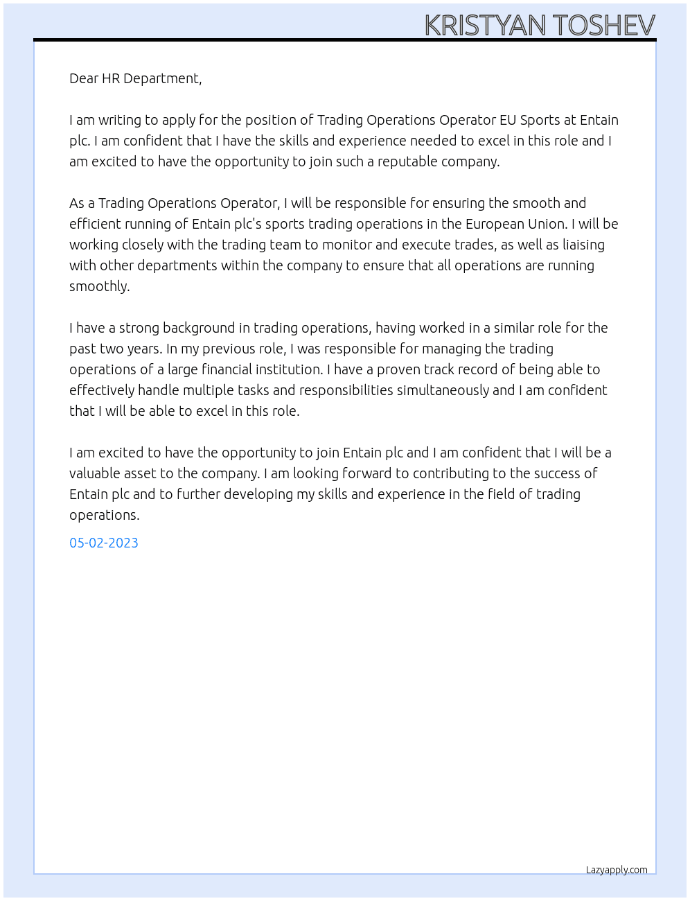 Trading operations Operator EU Sports At Entain plc Cover Letter