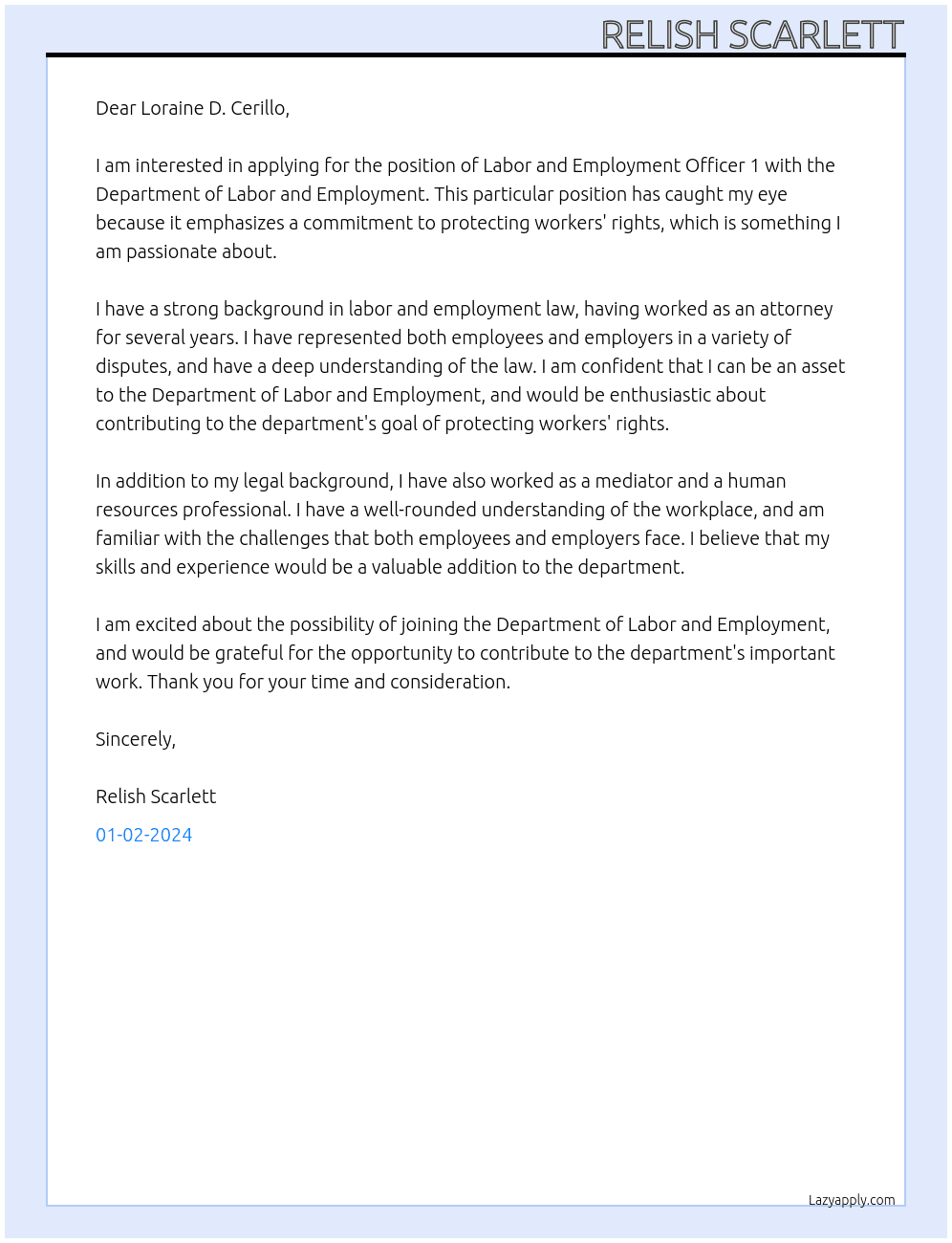  Labor and Employment Officer 1  At Department of Labor and Employment Cover Letter