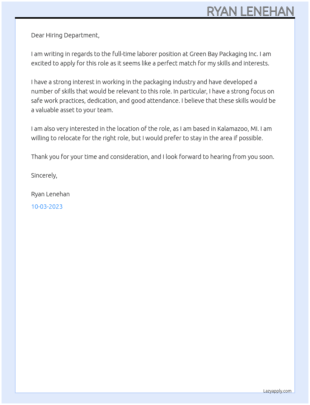 Green Bay Packaging Inc. At Green Bay Packaging Inc. Cover Letter