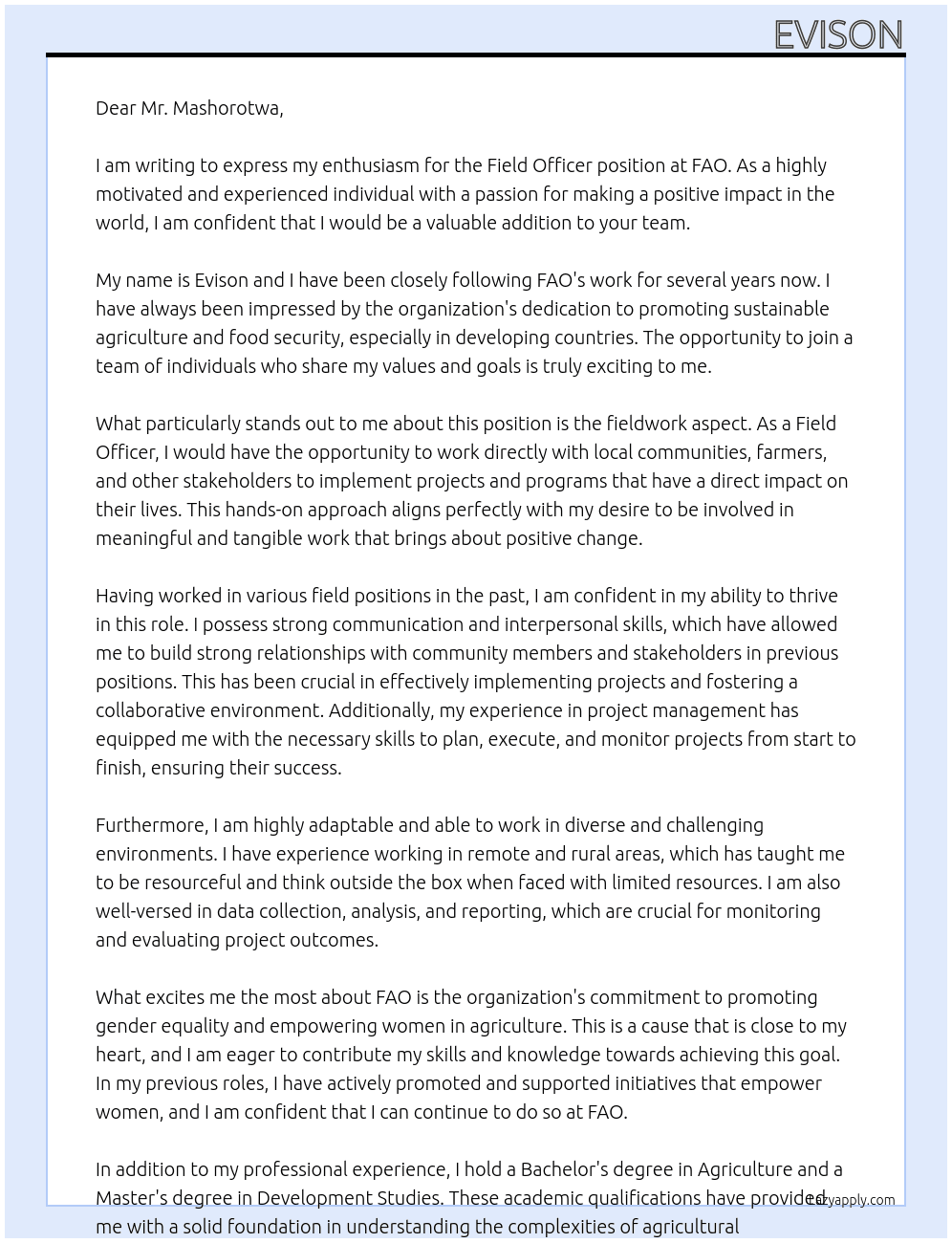 Field officer At FAO Cover Letter