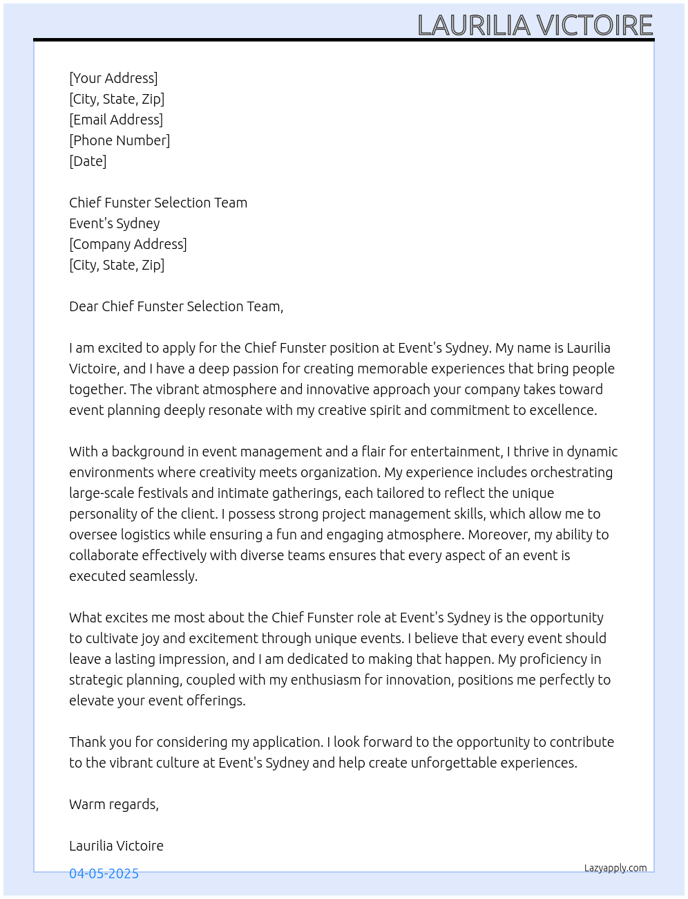 Chief funster At Event's Sydney Cover Letter