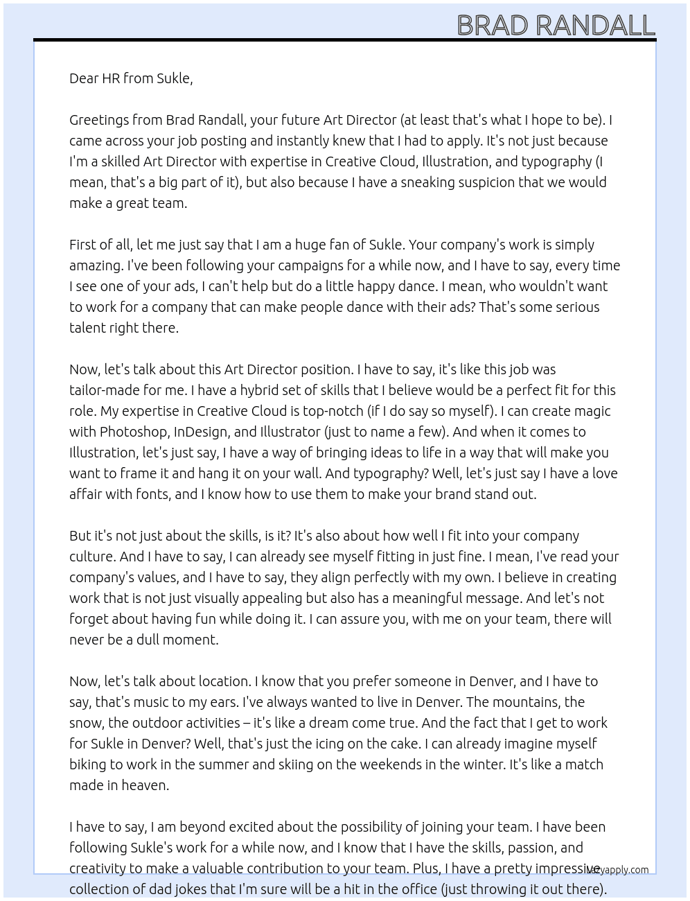 Art Director At Sukle Cover Letter