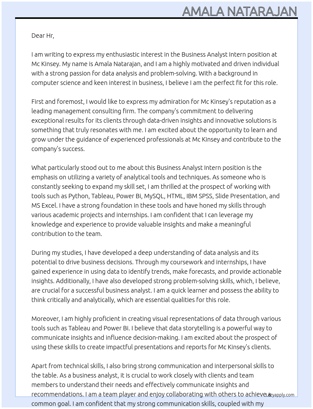 Business Analyst Intern At Mc Kinsey Cover Letter