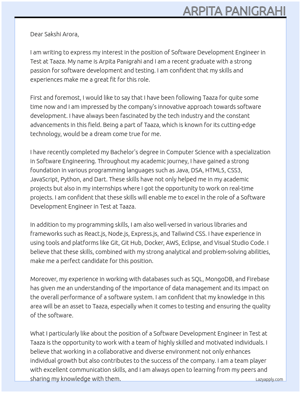 Software Development Engineer in test At Taaza Cover Letter