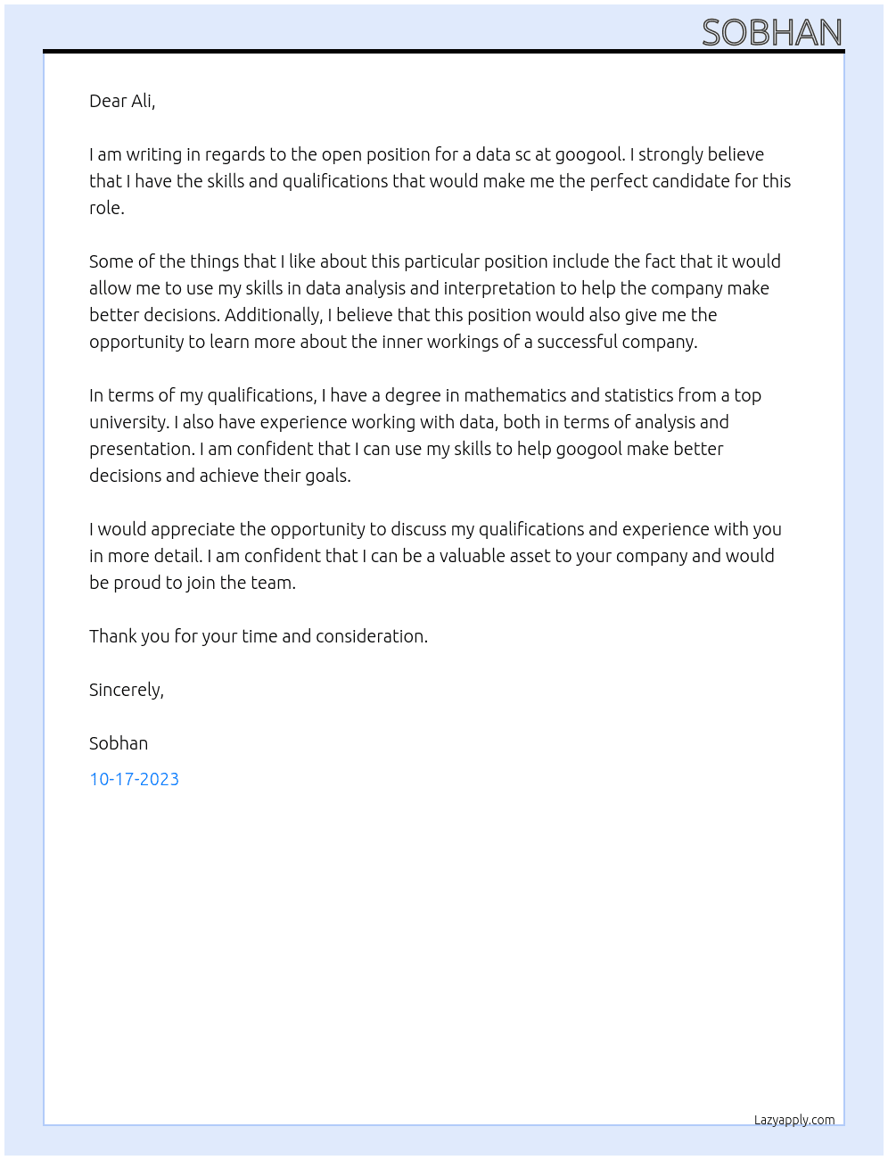 data sc At googool Cover Letter