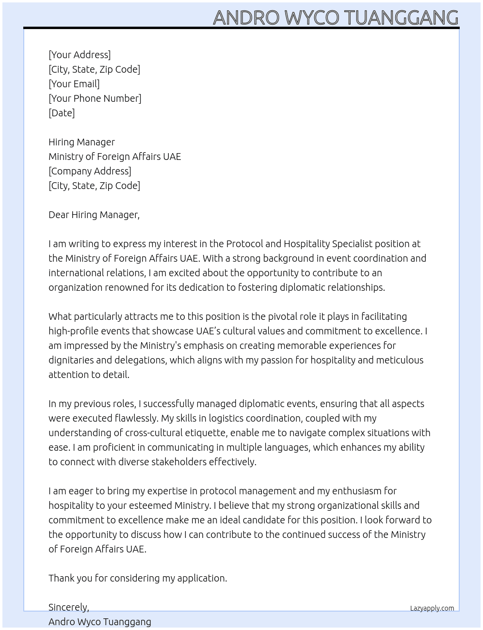 Cover letter for protocol and hospitality specialist - LazyApply